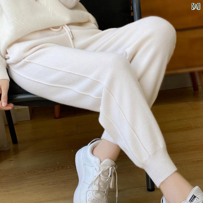 快適 スウェット パンツ レディース 秋冬用 ハイウエスト スキニー パンツ レディースカジュアル 伸縮性 ウエスト ドローストリング ストレート ウール スリム ニット レギンス