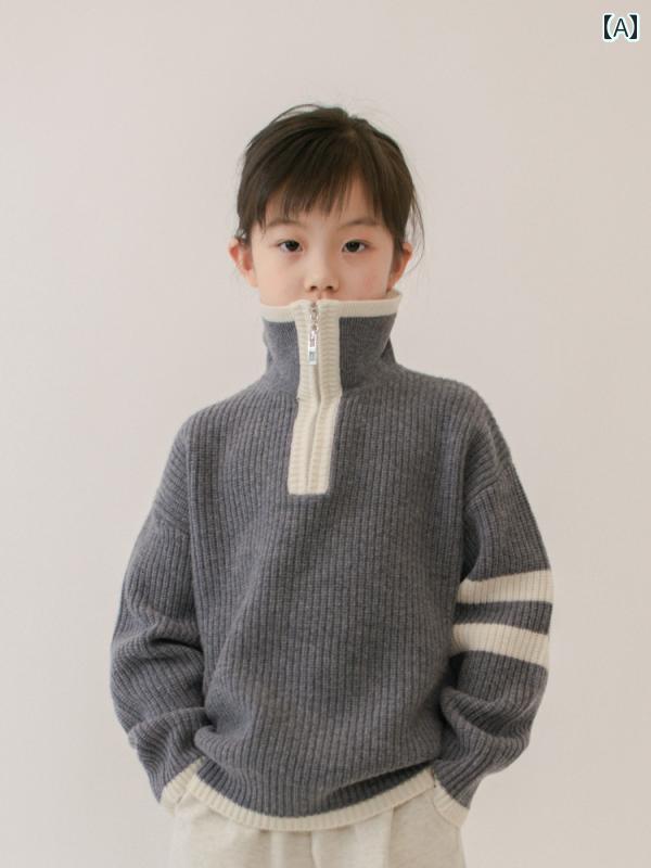 子供服 タートルネック セーター 100 ウール 女の子 セーター ハーフ ジップ ハイネック 厚手 グレー 子供用 秋冬 スタイル｜LAONsChoice