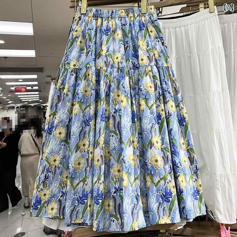 バリスタイル スカート ボヘミアン カラフルな 油絵の 花柄 スカート 女性 2025 春 ハイウエスト スリム ポケット スプライス ミディ 2061 L