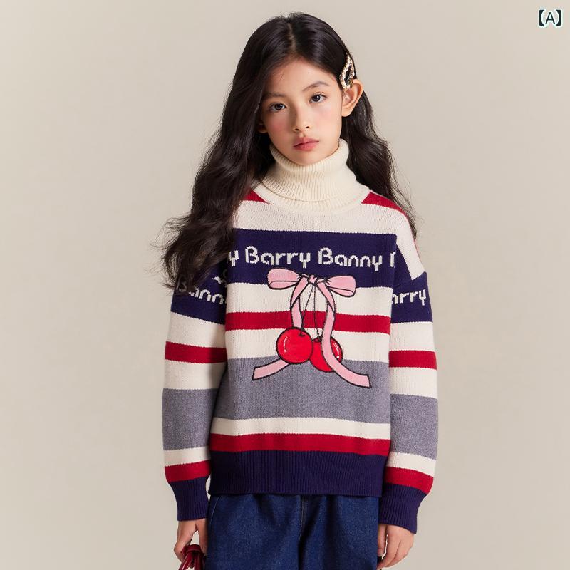 赤ちゃん服 タートルネック 編み物 BarryBanny うしろ帯用 桜んぼう 柄 朦々たる スウェーター 冬物 ハイネック 縞模様 赤ちゃん用 生あたたかい トップス