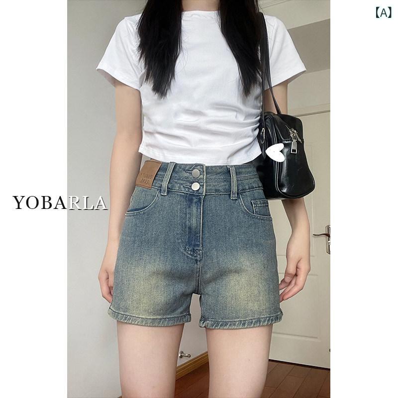 レディース ショート パンツ レトロ ストレート デニムショートパンツ レディース 夏 薄手 大きいサイズ 太め mm ハイウエスト 伸縮性 スリム 洋 ナシ シェイプ ホット パンツ