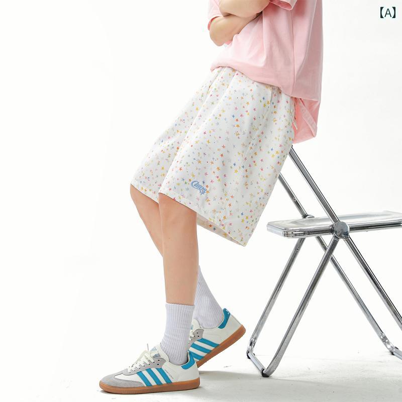 レディース ショート パンツ BWKA アメリカン スター フル プリント ショート パンツ 男女兼用 夏用 文字 刺繍 ワークウェア ワイド レッグ ゆったり カジュアル