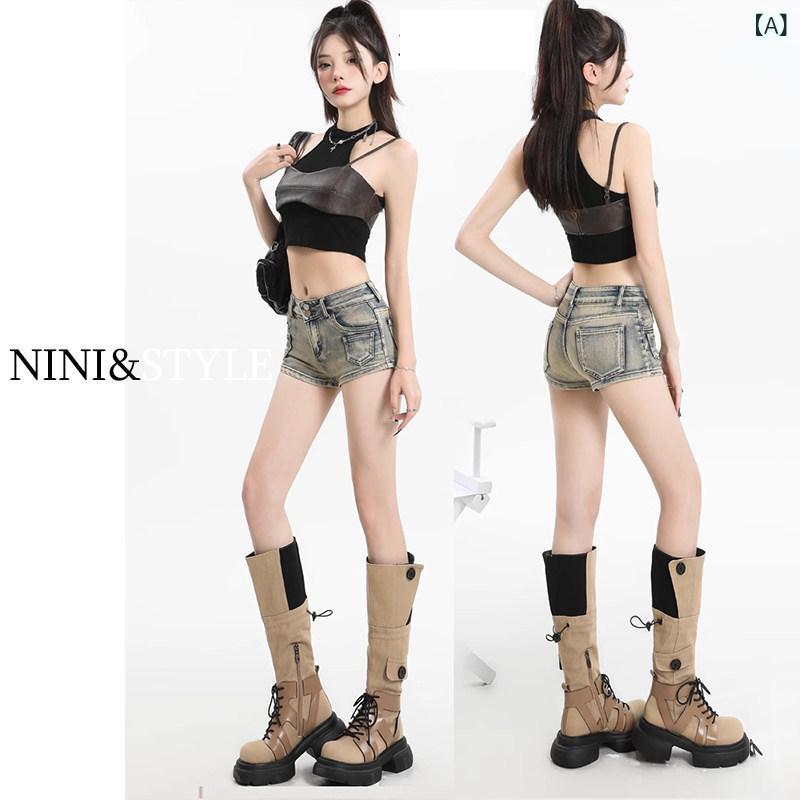 レディース ショート パンツ アメリカン レトロ デニムショートパンツ レディース 2025夏 ハイウエスト 伸縮性 タイツ スリミング ホット ガール パンツ