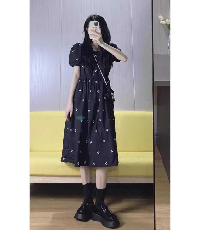 レトロ ワンピース レディース FAshi カレッジ パフスリーブ ブラック フローラル ドレス 女性 ハイエンド レトロ ティーブレイク ロング スカート 夏の スタイル