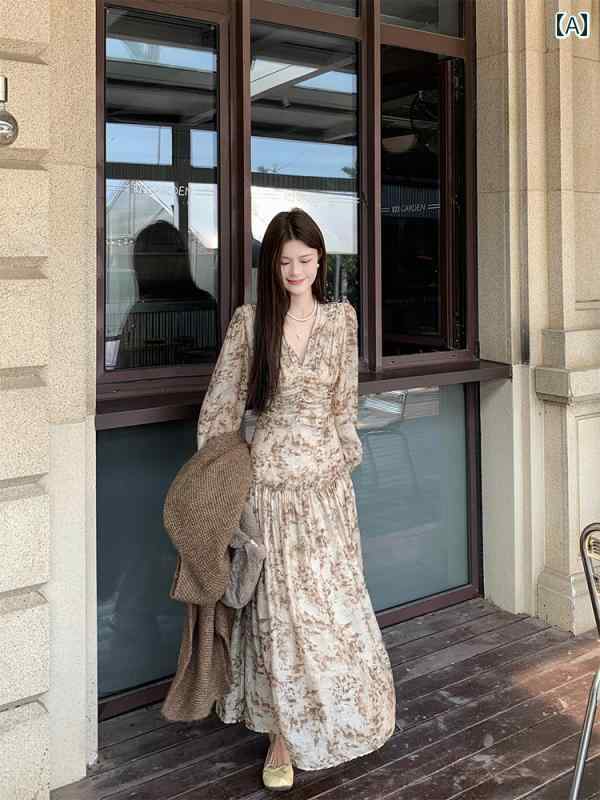レトロ ワンピース レディース 2025 春の 韓国 お姫様 万能 スリム ミルクティー カラー 花柄 長袖 ボトム ドレス ロング スカート レディース