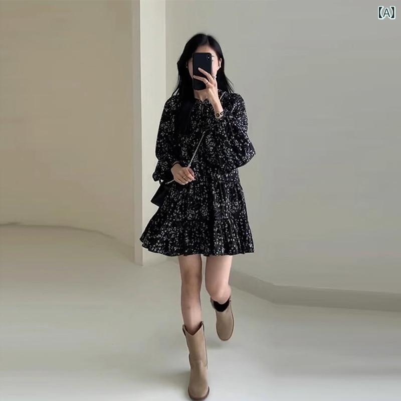 レトロ ワンピース レディース ティーブレイク フレンチ 黒 花柄 長袖 ワンピース レディース 2025 春先 新型 小さい サイズ 美麗 ショート スカート