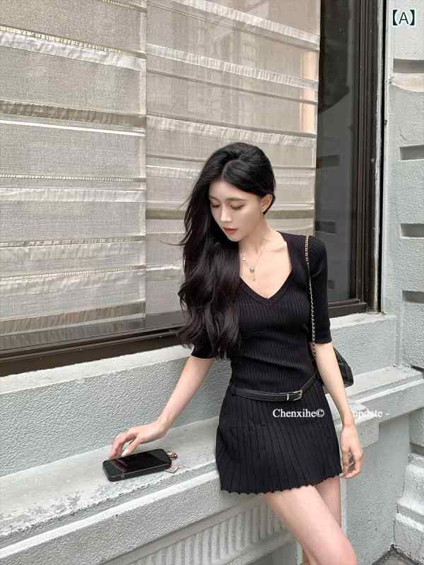 ニット ワンホン ワンピ ドレス He Chenxi Vネック ミドル スリーブ ベルト ニット スカート 女性用 夏 ホット ガール レトロ スリムフィット プリーツ ショート