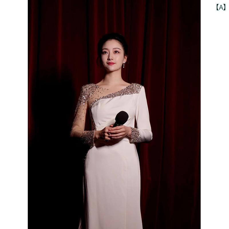 パーティー ドレス スリムフィット 司会 ドレス 女性 2025 高級 シンプルで 寛大な 年次 パーティー イブニングドレス大 合唱 パフォーマンス 衣装