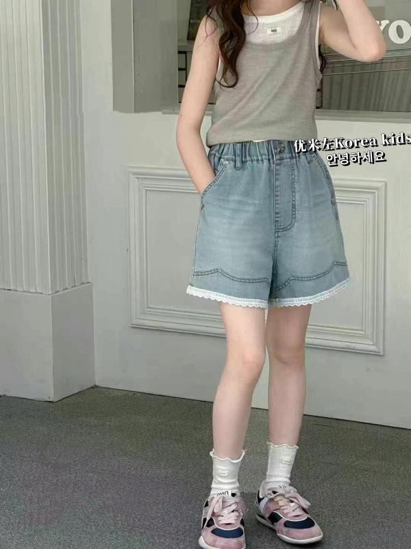 女の子 デニムショートパンツ 2025 夏の 子供服 子供 韓国 レース カジュアル パンツ 薄手 五分 丈