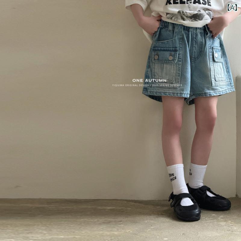 女の子 デニムショートパンツ Yiqiuma 2025 夏の ガールズネット ストリート 個性 かっこいい デニムショートパンツ M サイズと L サイズ 子供用 パンツ