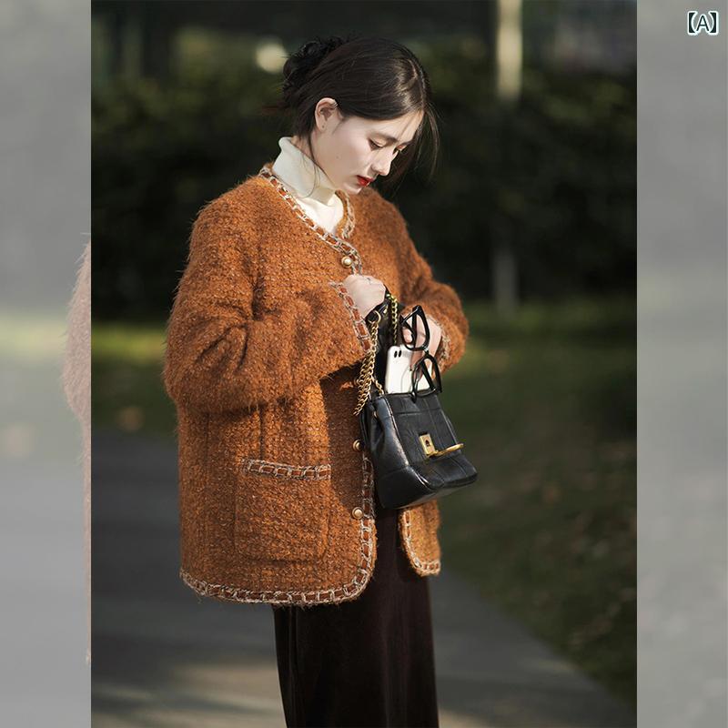 ツイード ジャケット レディース 春秋 2025年 ホット スタイル 精巧 フレンチスタイル レディ オレンジ ツイード ストレート ショルダー カジュアル ジャケット レディース 春秋