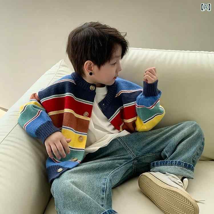 男の子用 カーディガン セーター 男の子用 プラッシュ セーター 2025秋冬 子供用 カラーストライプ ファッション ニットカーディガン カジュアル ジャケット