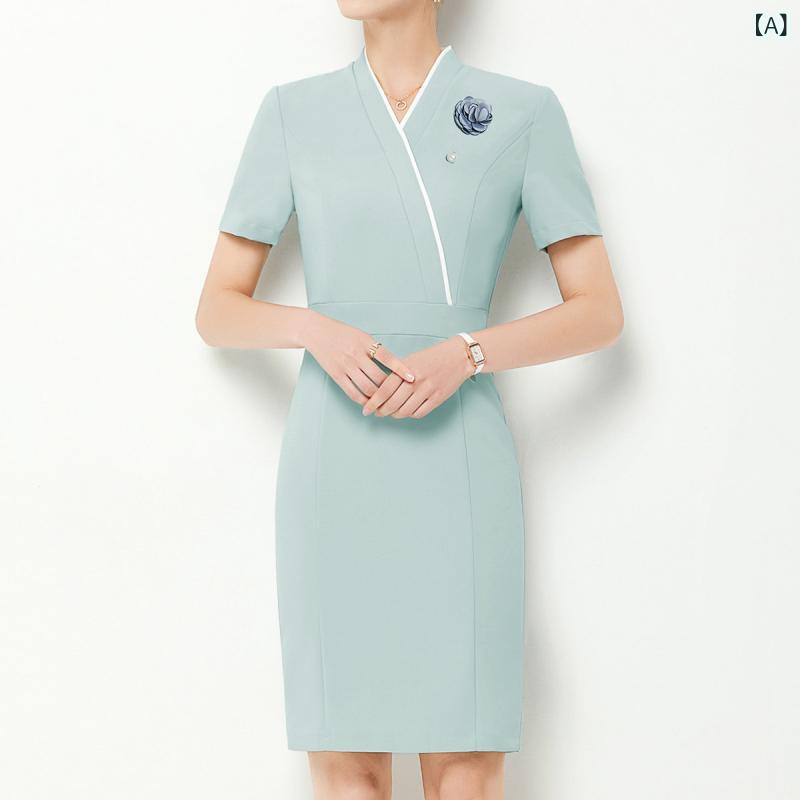 美容院 美容師 作業着 女性 医療 美容 フロント デスク プロ ドレス レディース 夏 半袖 サロン スキン 管理 技術者 作業着 ライト カラー フォーマルウェア ヒップ