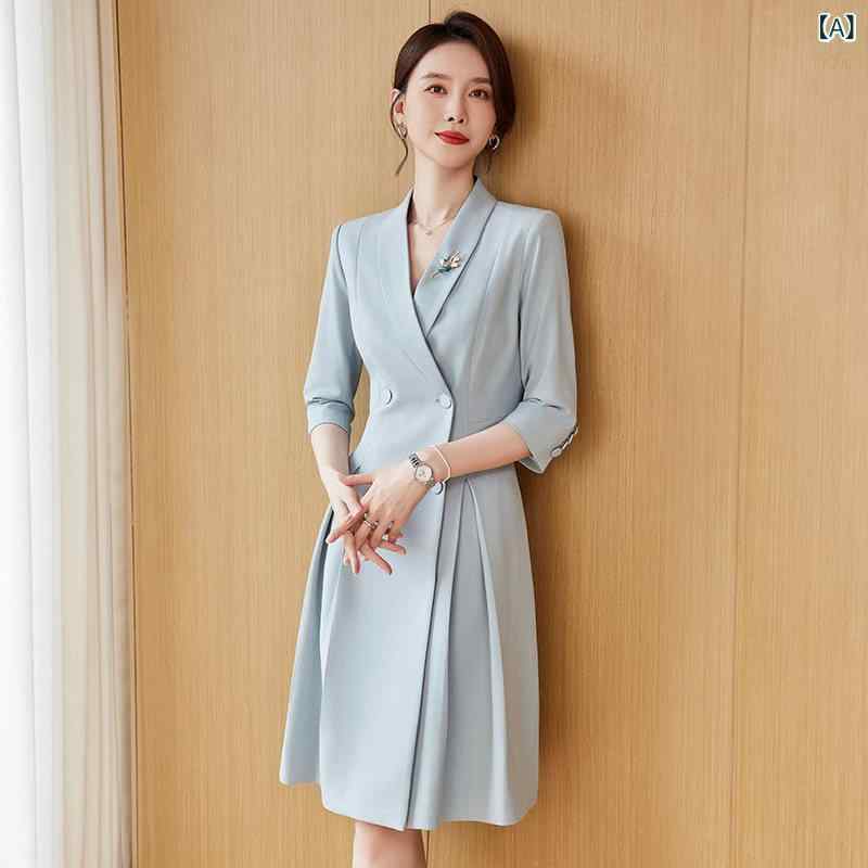 受付 フロント デスク 作業着 女性用 司会 スーツ ドレス スピーチ 服 女性用 ブルー ビジネス フォーマルドレスな ウエスト フォーマルスーツ スカート