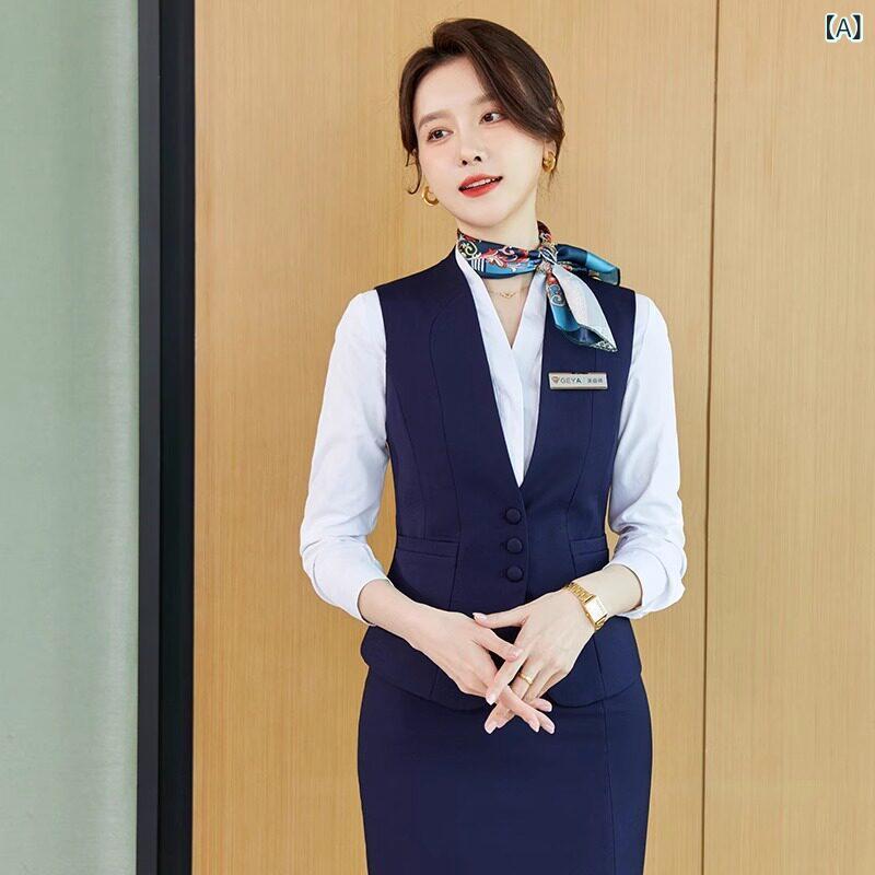 受付 フロント デスク 作業着 女性用 スチュワーデスの 制服 スーツ ベスト 金 宝石 店 ホテル フロント 受付 美容師 作業着 女性