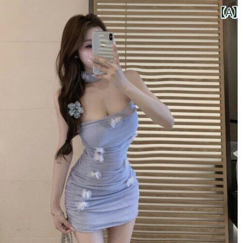 ナイトクラブ キャバ スタイル ファッション メッシュの 立体 花柄 ホルターネック チューブ トップ ドレス 夏に 活躍 する 女性用 な スタイル 魅惑的 タイトヒップ スカート