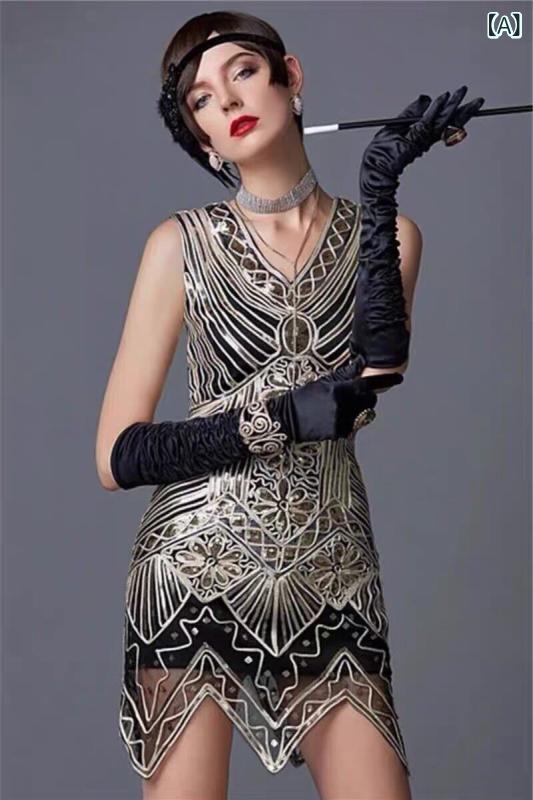 ナイトクラブ キャバ スタイル ドレス レトロ 1920 ギャツビー 手織り ドレス スリム スパンコールドレス パーティー ホスト ショート