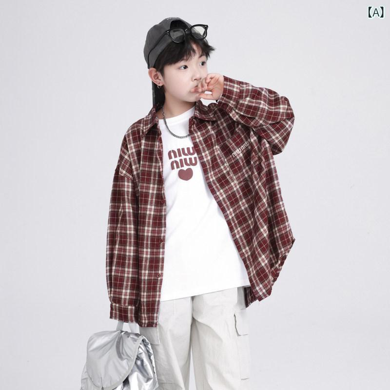男の子 シャツ 春秋 韓国 AS 男の子 春秋 スタイリッシュな 赤い チェック シャツ 2025 子供 春 スーツ