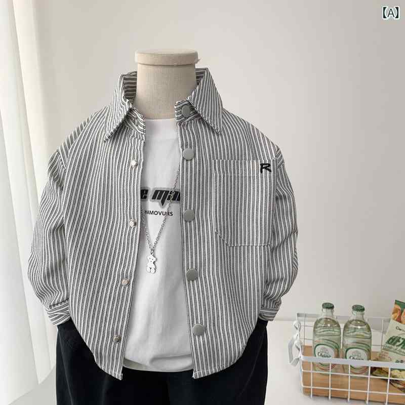 男の子 シャツ 春秋 男の子 ストライプシャツジャケット 2025 春秋 子供用 韓国 文字 刺繍 シャツ クールな 綿の トップス