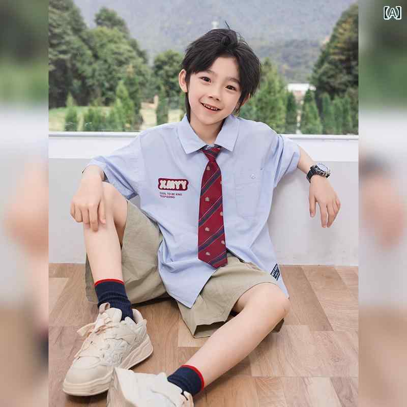 男の子用 シャツ パンダ ラウンド ボーイ シャツ 半袖 綿 ボーイで スタイリッシュな 2025年中大 児童用 夏