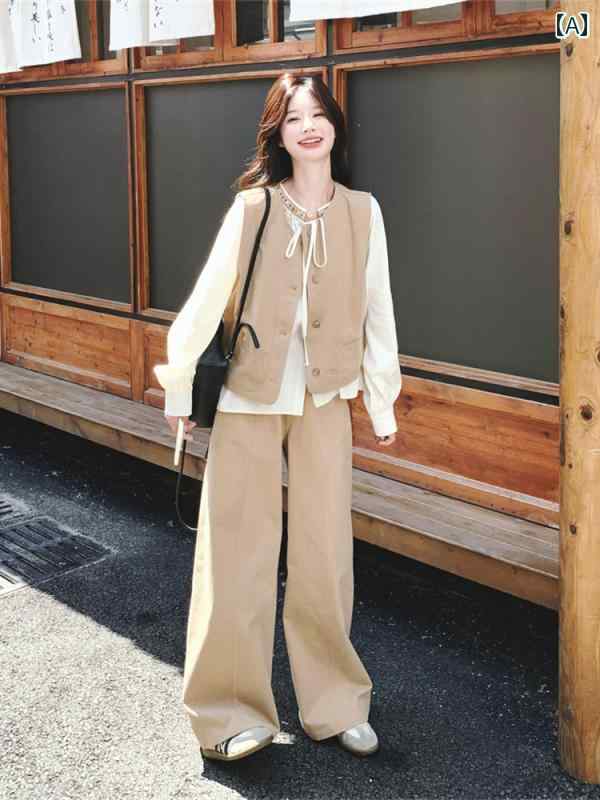 カジュアル スーツ レディース ootd 年齢を 減らす シャツ ベスト ワイド レッグ パンツ スーツ レディース 春秋 塩味 軽い 成熟 した スリーピーススーツで リラックス 感じ