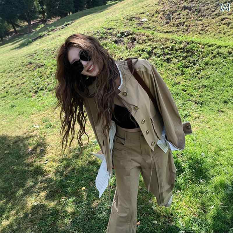 カジュアル スーツ レディース ootd ウェア レディース 初秋 フェイク ツーピース ジャケット コート ワイド レッグ パンツ カジュアル スーツ 一式