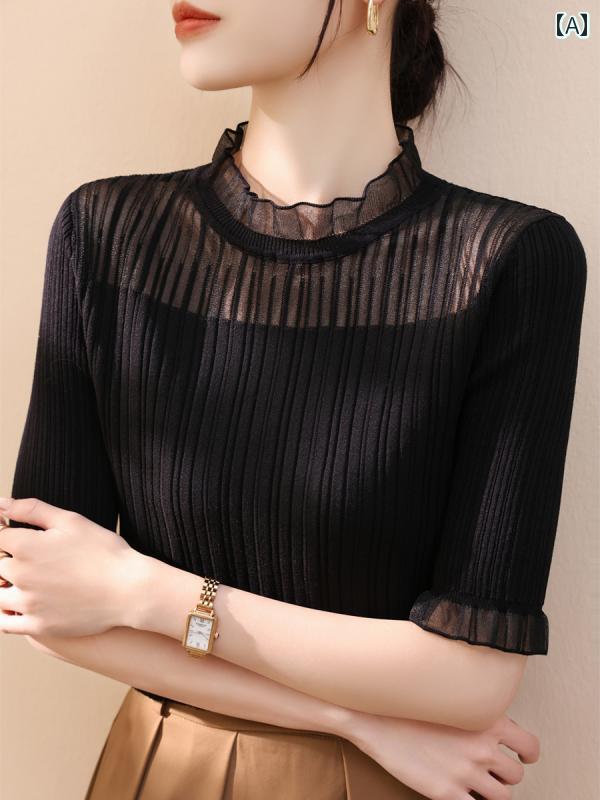 レイヤリング シャツ レディース 薄手の 半袖 夏用 レース中 袖 レディーストップス スリムフィットの フリルスタンドカラー スリム ニット レイヤリング シャツ