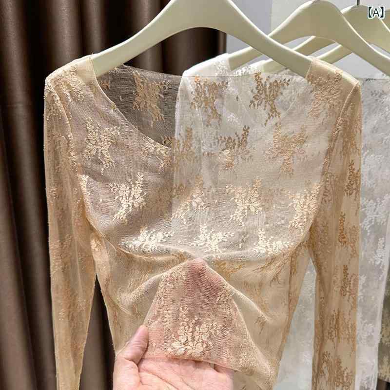 レイヤリング シャツ レディース 春秋 女性用 透明 チュール レイヤリング シャツ 高級 ロー ラウンドネック メッシュ レース シースルー インナートップ