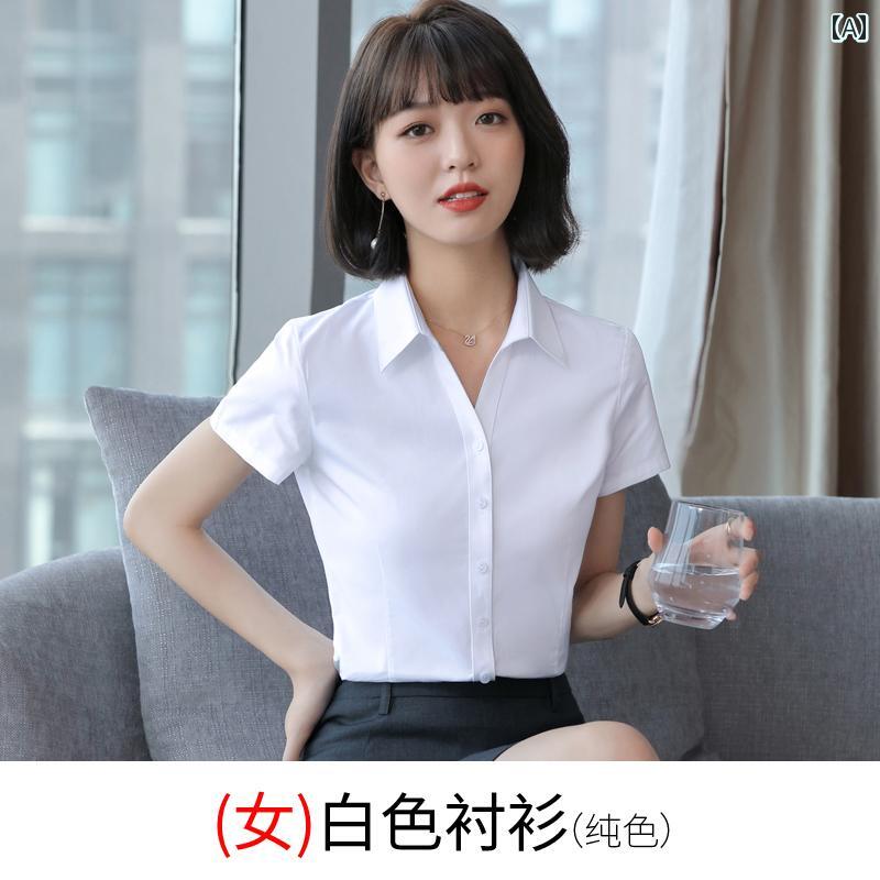 無地 トップス シャツ レディース 女性用 長 繊維 コットン Vネック バーガンディ 半袖 シャツ プロ ビジネス 夏の フォーマルな 仕事 着