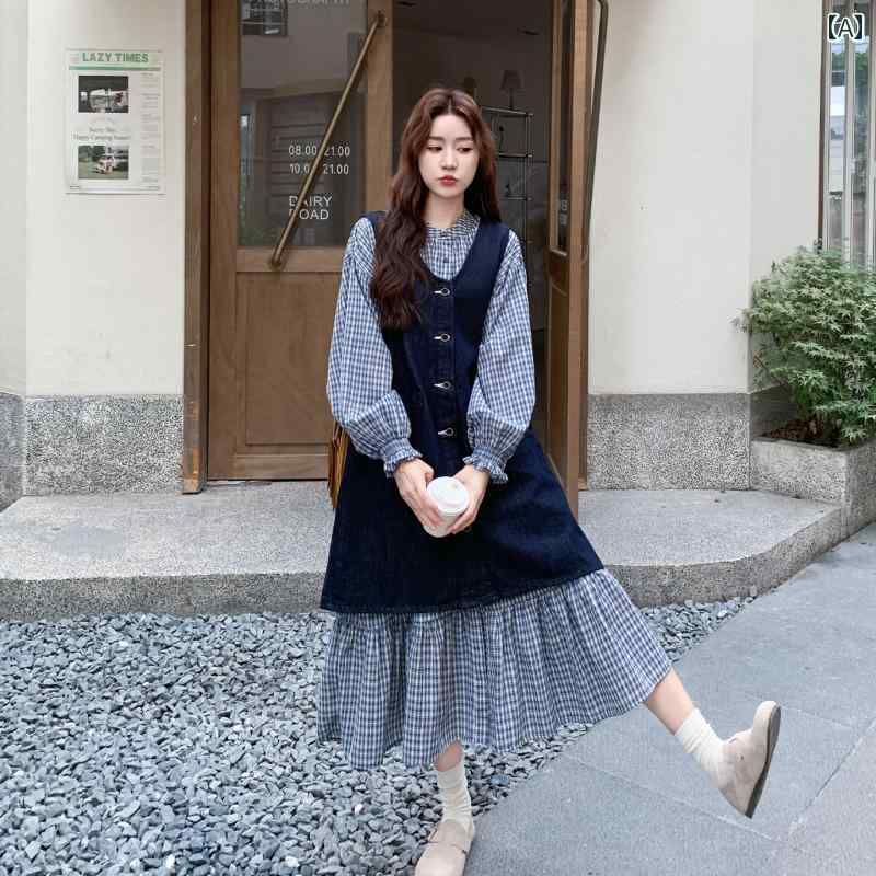 フレンチ レトロ チェック柄 レディース 韓国 レトロ カレッジ デニムベスト ドレス スーツ レディース 2025秋 チェック シャツ スカート ツーピース