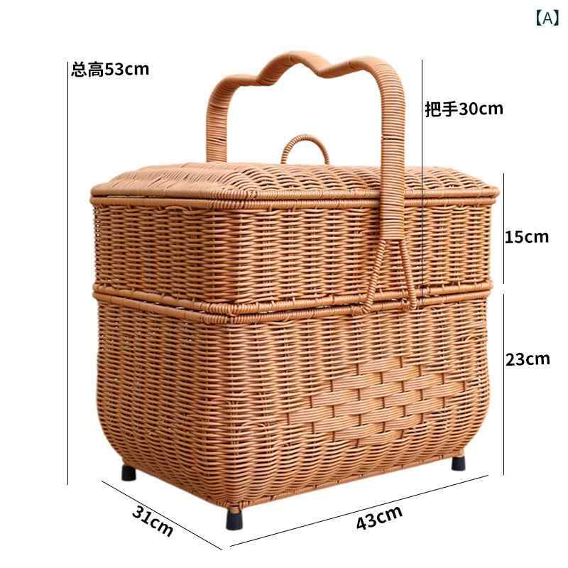 ピクニック バスケット 手編み 角を トリミング した 高めの 屋外用 ピクニック バスケット / 収納 二 重層 フェイク 籐 拡大 長方形の アップグレード 版。
