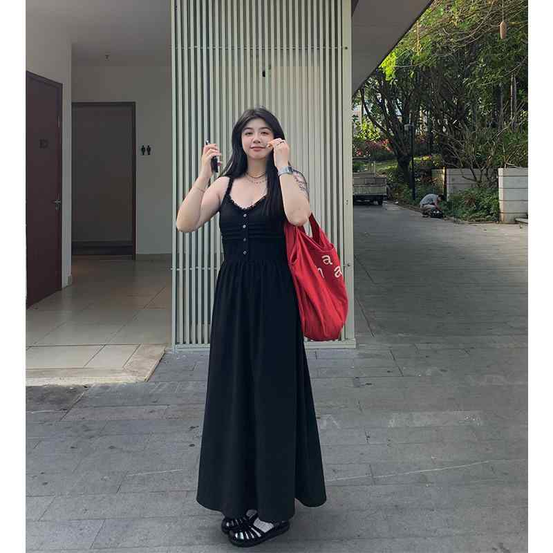 レディース 夏 ワンピース 韓国 フリル スパゲッティストラップ ロング プリーツ ウエストシェイプ スリム見え プラスサイズ ビッグシルエット カジュアル 日常使い 軽量 伸縮性