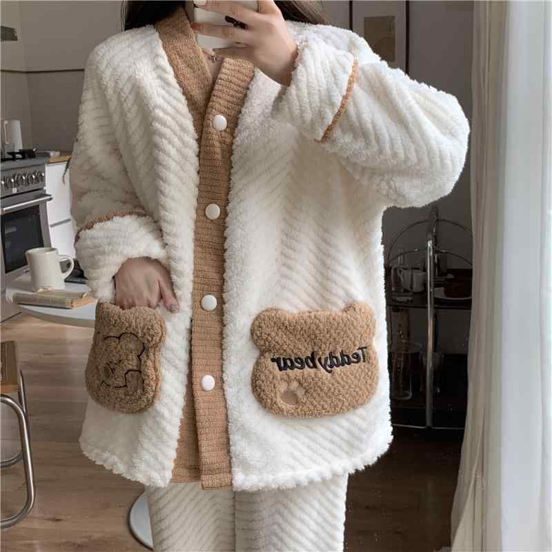 レディース 冬用 厚手 パジャマ セット Vネック カーディガン コーラルフランネル フランネル ルームウェア 部屋着 保温 かわいい 柄 柔らかい 素材