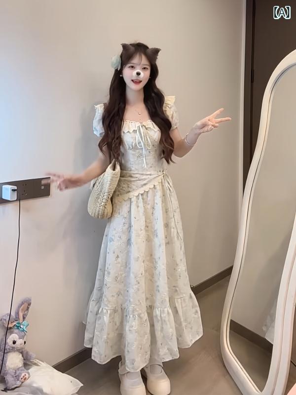 フリル ショート ドレス フランスの 女の子 パフスリーブの 花柄 ドレス レディース 夏の 美しい 優しい プリンセス ウエスト ロング スカート