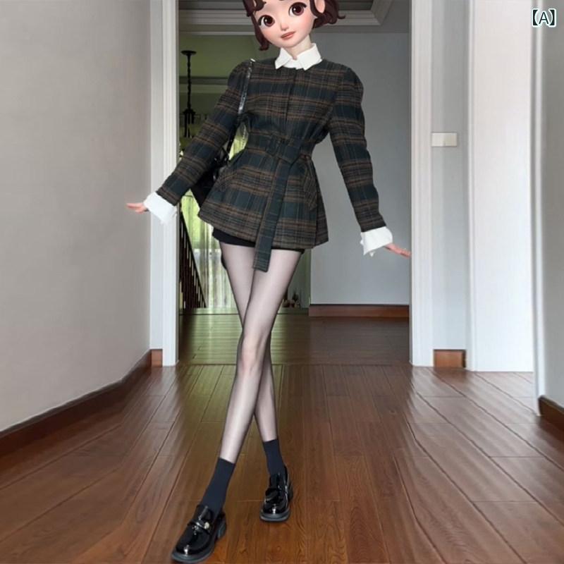 ロングウールコート レディース 洗練 フランスの レトロ カラー ブロックの チェック 柄 ウール コート。 秋冬に 最適で 特に ウエストに フィット した 小柄な 女性に 最適です。