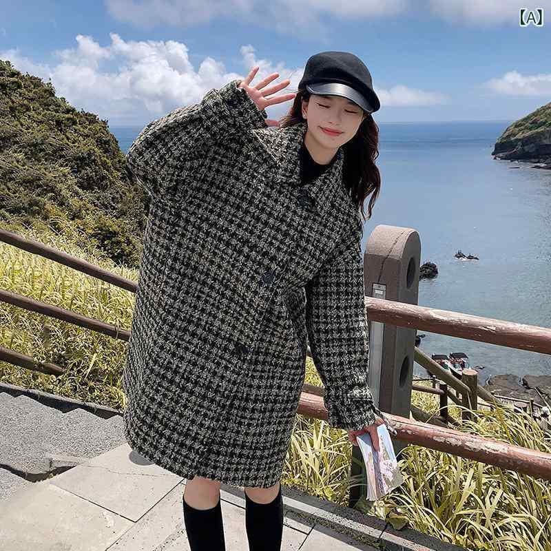 ロングウールコート レディース 女性用 千鳥格子 ウール コート 2024秋冬 とても 美しく ハイエンドミドル 丈の レトロ コート。