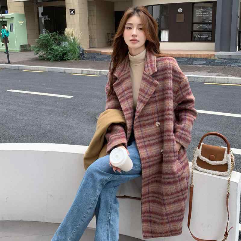 ロングウールコート レディース 女性用 レッド チェック 柄 ウール コート 2024秋冬 スタイル ハイエンドな ミドル 丈 レトロ コート。