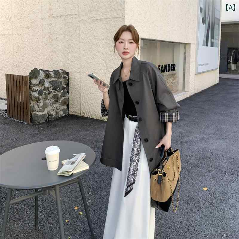 ロングウールコート レディース の チェック 柄 パッチワーク グレー トレンチコート 女性用 2025 春秋 スタイル 美しく 用途が 広く エレガント。