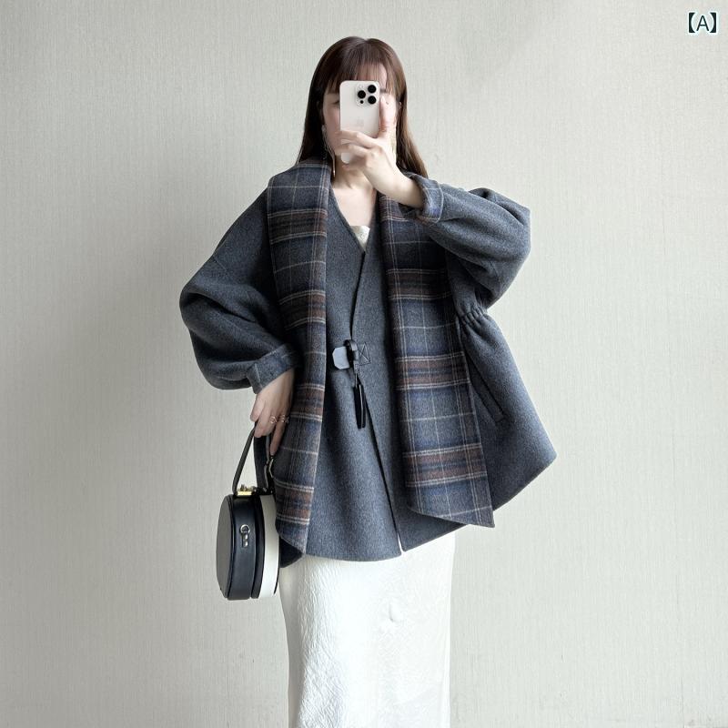 ロングウールコート レディース 秋冬 両面 ウール マフラー / コート デパートと 同じ スタイル ゆったりした AB チェック 柄 ネックウォーマー レディース コート。 33,029円