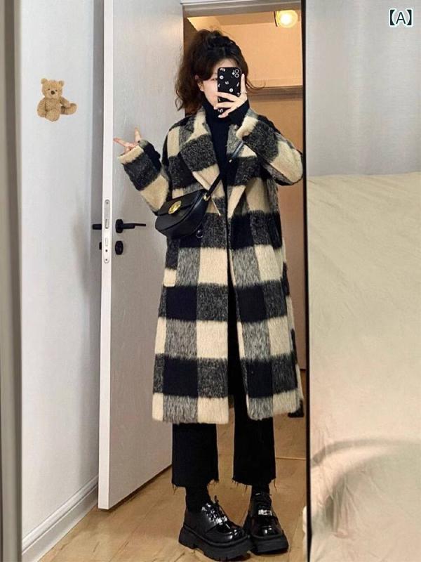 ロングウールコート レディース 韓国 レディース チェック 柄 ウール コート 2024秋冬 スタイル 高級 カジュアルで エレガントな 厚手 コート。|LAONsChoice