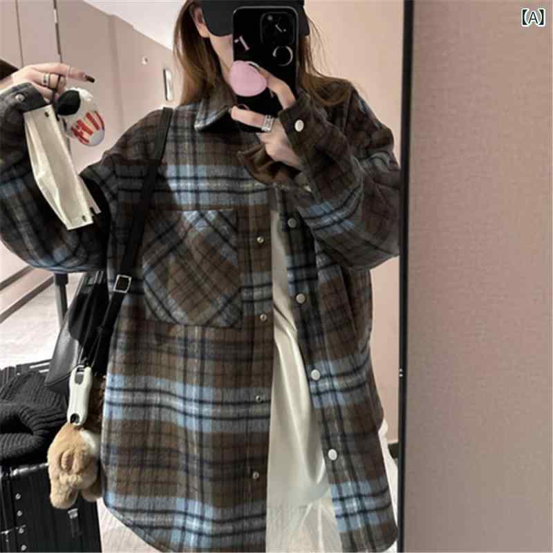 ロングウールコート レディース 厚手 裏起毛の ブルー ブラウン ウール コート チェック シャツ トップス ゆったり カジュアル ボーイフレンド レディース コート。｜LAONsChoice