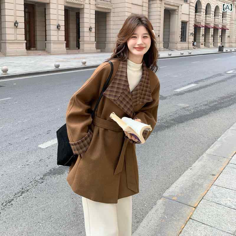 ロングウールコート レディース 女性用 レトロ チェック 柄 パッチワーク ウール コート 2024冬 韓国 スタイル 高級で エレガントな コート。｜LAONsChoice