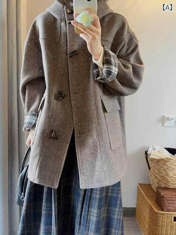 ダッフルコート レディース 小柄な 女性用 プレッピー ダッフルコート 50 ウール ショート コート 秋冬 ブラウンの レトロ フード付き キルティングジャケット。