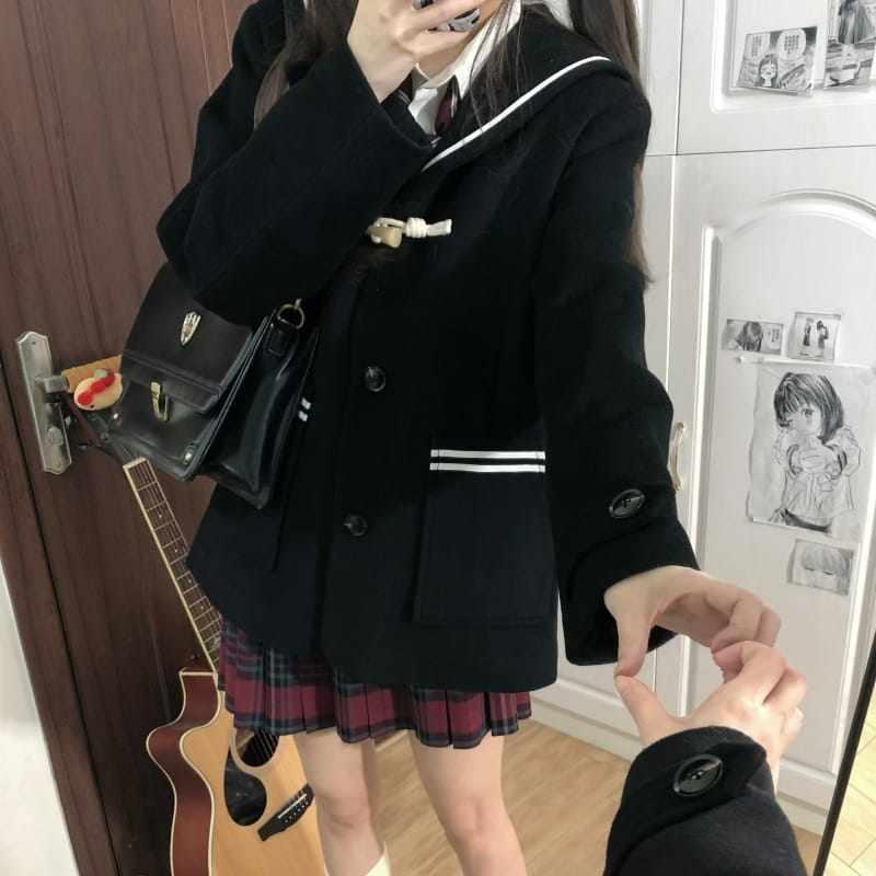 ダッフルコート レディース Benzhi Higher 羊 文字 カレッジ 風 水 カラー ウール ホーンボタン コート JK 制服 キルティング ブラック グレー