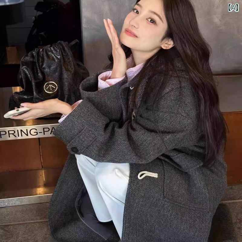 ダッフルコート レディース 女性用 グレーの フード付き ダッフルコート 2024秋冬 スタイル 高級 ウール コート プレッピー スタイル。