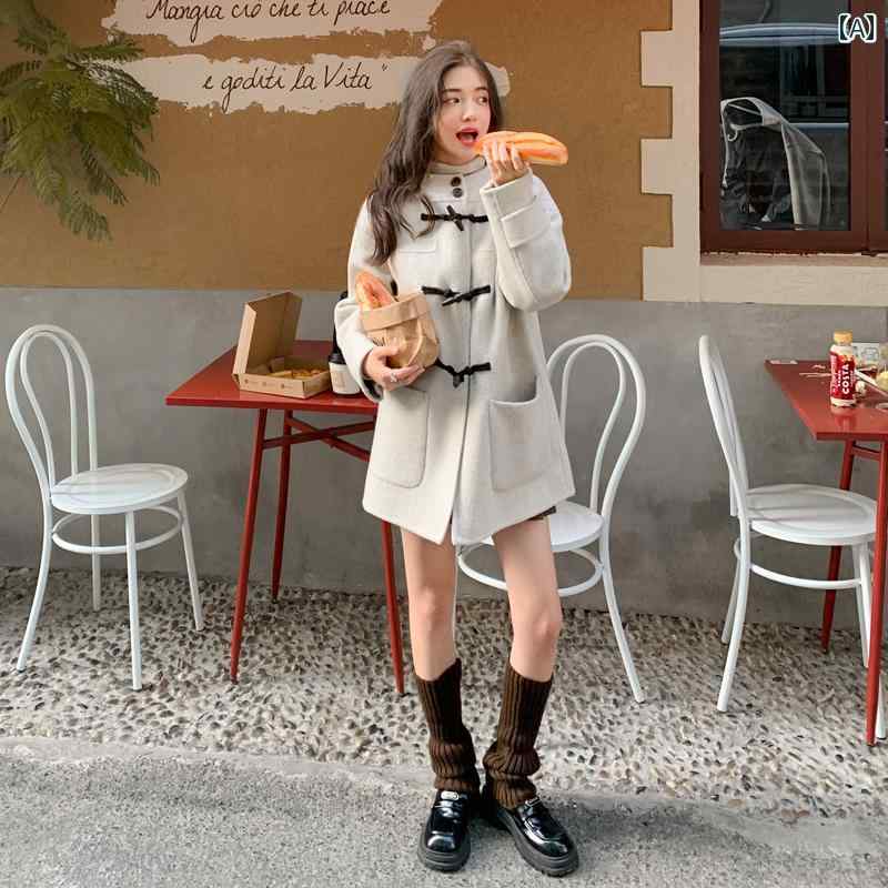 ダッフルコート レディース プレッピー 両面 コート ホーンボタン 付き 小柄な 女性に 最適 2024秋冬 韓国 スリミング ウール コート。|LAONsChoice