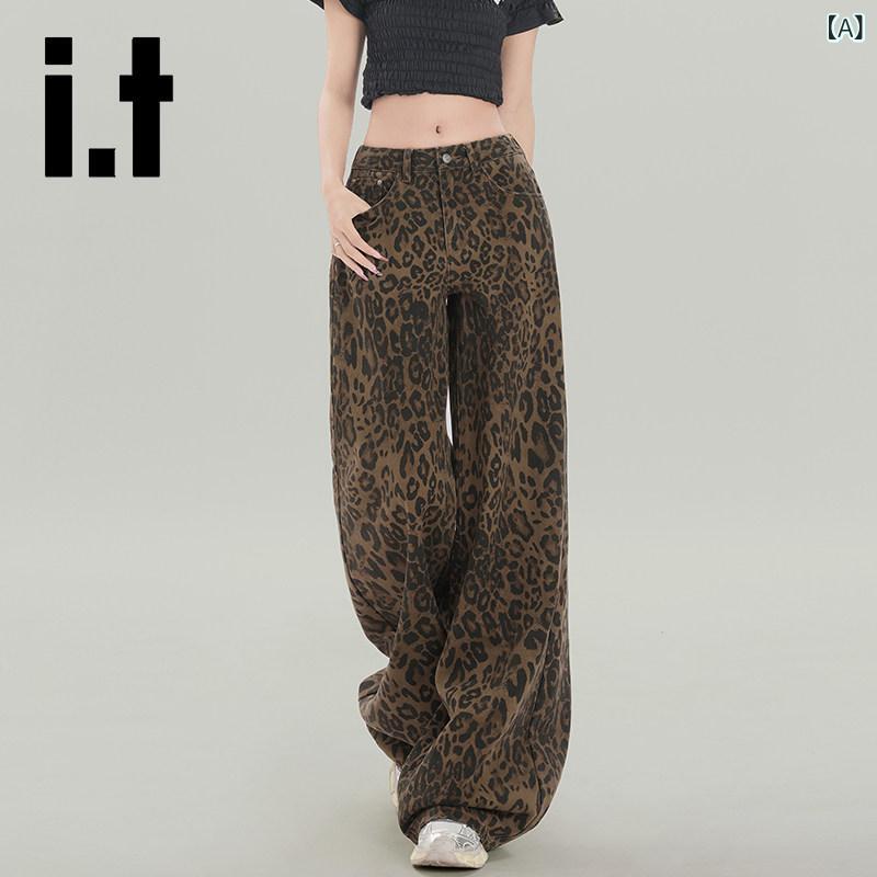 ヒョウ柄 it CHOCOOLATE ヒョウ 柄 ワイド レッグ ジーンズ レディース ゆったり ハイウエスト スリムフィット アメリカン フロア レングス パンツ