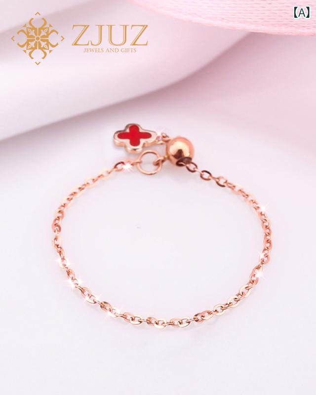 女性用 リング ZJUZ 18 K ゴールド 四つ 葉の クローバー 転 写 ビーズ リング 調節可能 ローズゴールド ゴールドカラー テール 婚約 指輪