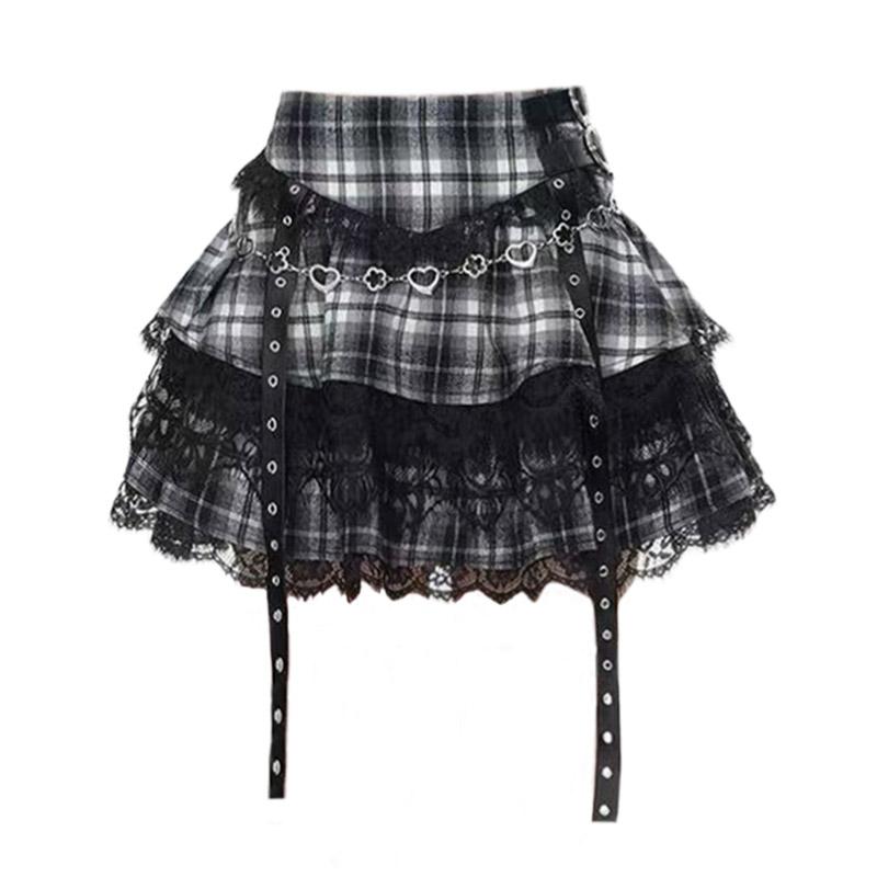 チェック柄 ミニスカート アメリカン レトロ カレッジ サブカルチャー チェック 柄 JK スカート 女性 夏 パンク レース スプライシング チュチュ
