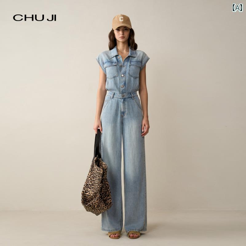 ジャンプスーツレディース Chuji アメリカン レトロ 表現スタイル ノースリーブ 酉の方角 厚地の外套 細工物御召しもの ジーンズ 飛び降りる背広 レディース E 1 M 2355 K
